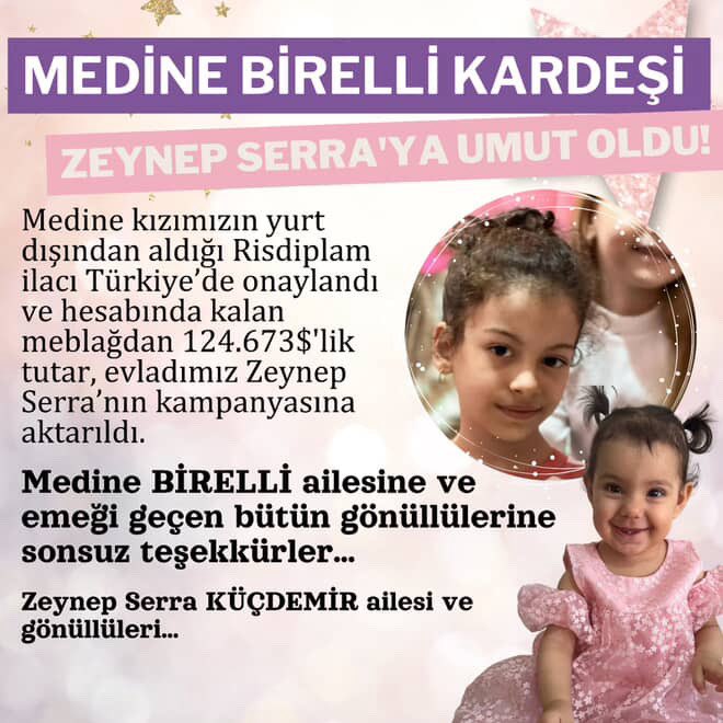smazeynepserra's tweet photo. Sma ile mücadelesini kazanan Medine BİRELLİ kardeşimin kampanyasından kalan 124.673 $ kampanyama aktarılmıştır…
Medine kardeşim ve kıymetli ailesi
 İlacına kavuşması için destek olan herkes benimde hayatıma dokunmuş oldu..
🌟 Hepinize minnettarım…

Mücadeleme ortak olduğunuz için çok teşekkür ederim…💜
