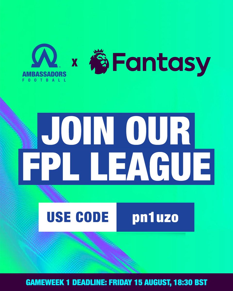 Do you think you have what it takes to win?🏆 

We have created a league for whoever wants to join us which starts this weekend. Join now Ambassadors Football GB FPL league now via the FPL app or website using the code: pn1uzo

Deadline for gameweek 1: Friday 15 August, 18:30 BST