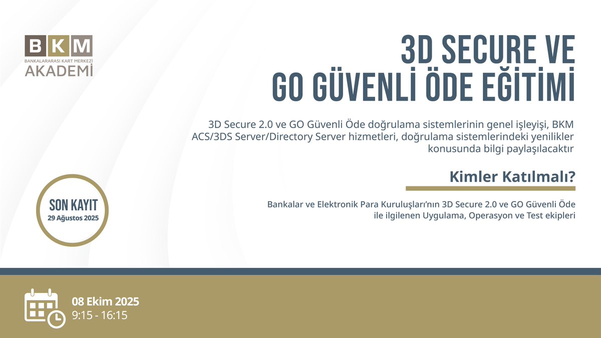 BKMAkademi's tweet photo. "3D Secure ve GO Güvenli Öde" hakkında bilgi edinerek sertifika sahibi olmak istiyorsanız hemen kayıt olun!

Detaylar için ''akademi@bkm.com.tr'' adresine yazabilir ve aşağıdaki linki inceleyebilirsiniz 👇

https://t.co/F43Hs4gCV4

#BKMAkademi
#Eğitim
#3DSecure
#GüvenliÖde https://t.co/Ej5fYtfynC