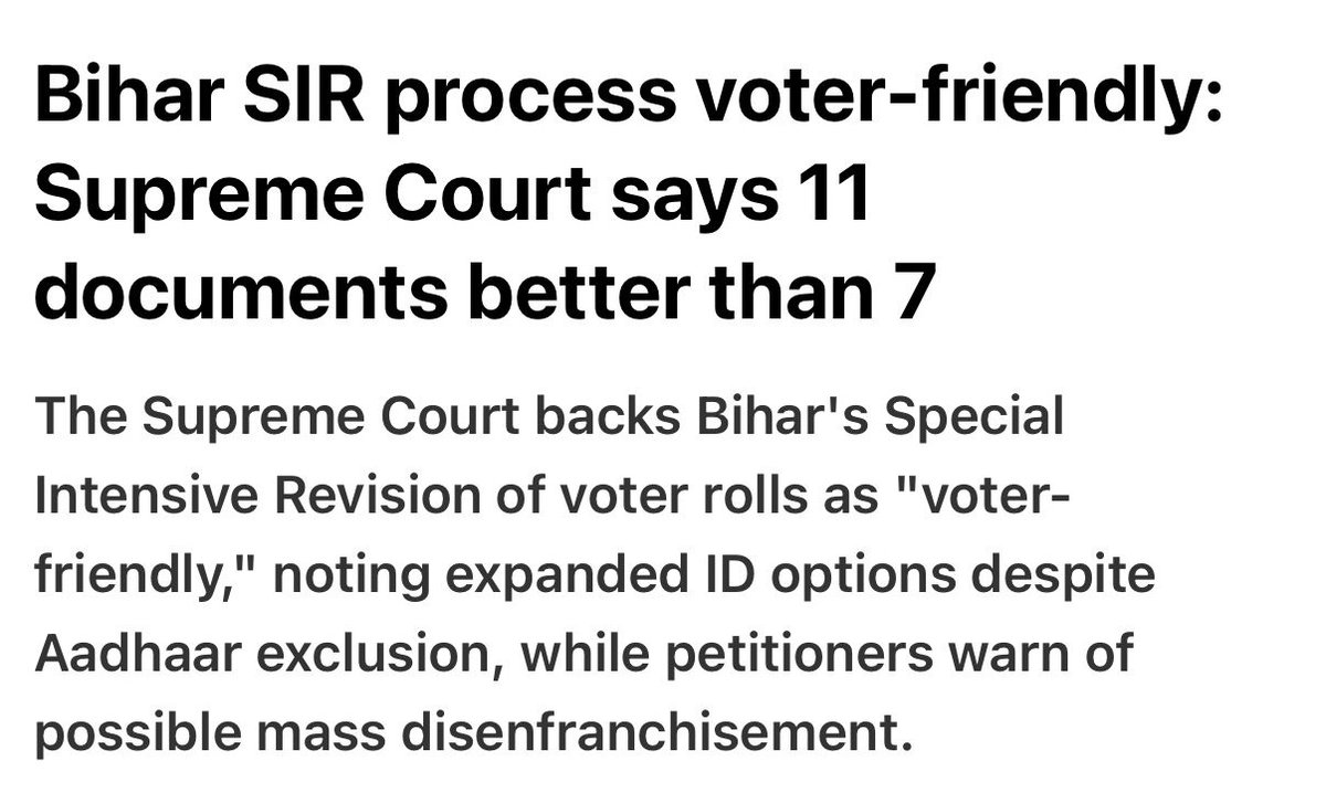 So much drama Jairam Ji, but here’s what the Supreme Court actually said: Bihar’s SIR is “voter-friendly”, expands acceptable ID docs from 7 to 11, and ensures no eligible citizen is left out.

Your “beacon of hope” is just the Court rejecting your Aadhaar-exclusion scare story.