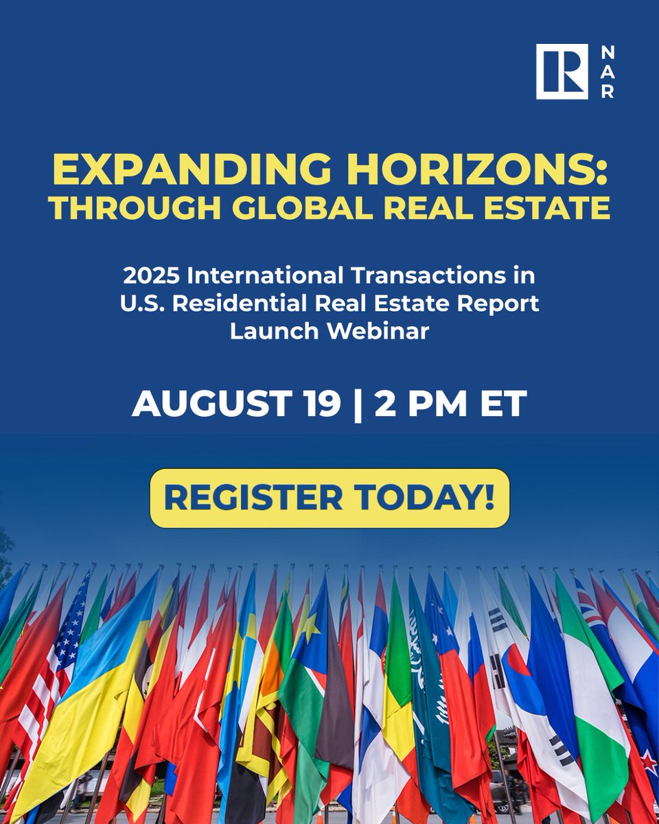 Join NAR’s Global and Research teams on Tuesday, August 19 at 1PM CT when we will share essential information on international buyer activity in the U.S., as well as ways to expand your network and business globally! 

Registration is free but required: bit.ly/3Uus5kL