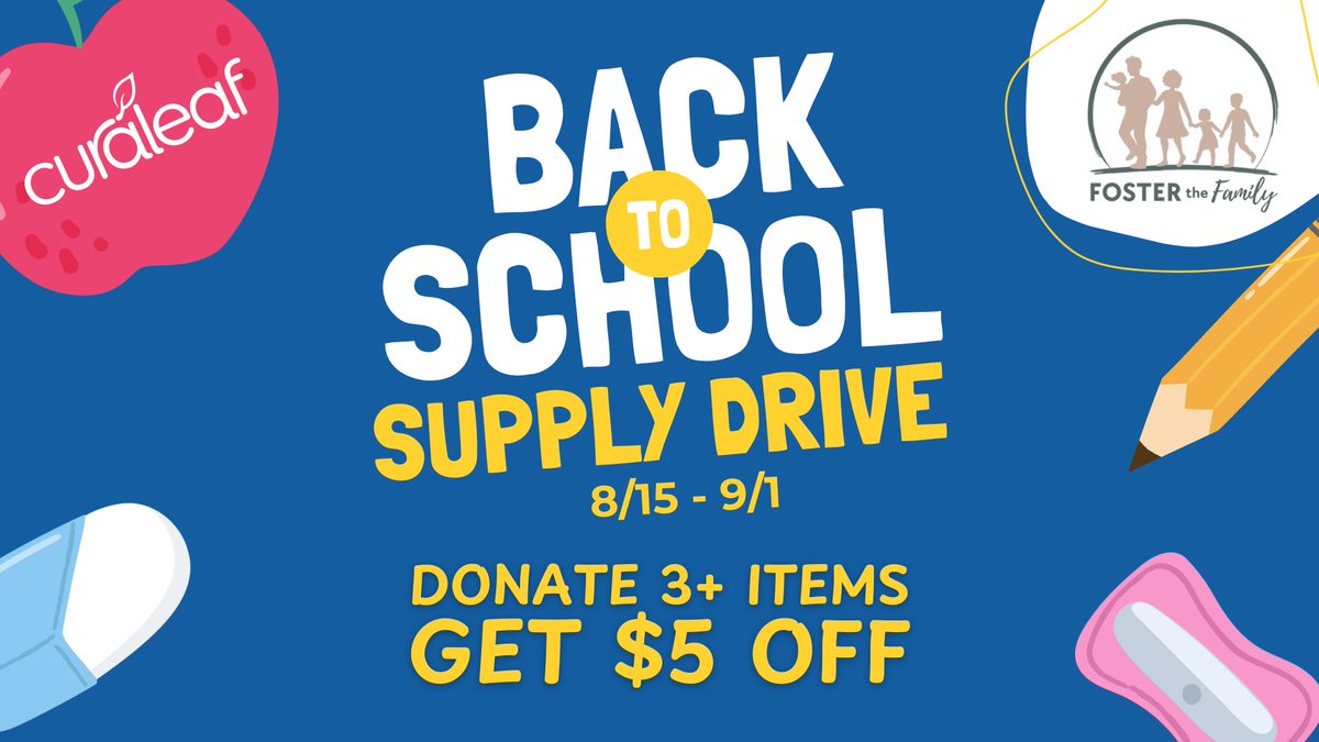 curaleafmd's tweet photo. ��✏️ Help Us Stock the Class!  This August, Curaleaf Maryland is collecting school supplies for local students.  Bring in new, unused supplies and help kids start the school year strong.  💚 Every notebook, pencil, and backpack makes a difference.   MOST NEEDED ITEMS:   New Backpacks, Lunchboxes, Water Bottles, #2 Pencils, Pencil Sharpeners, Zippered Pencil Bag, Hard Case Pencil Box, Erasers, Washable Crayola Markers or Crayons, Composition Books, Scissors, Ballpoint Pens, Rulers, Dry Erase Markers, Yellow Highlighters, Red Ball Point Pens