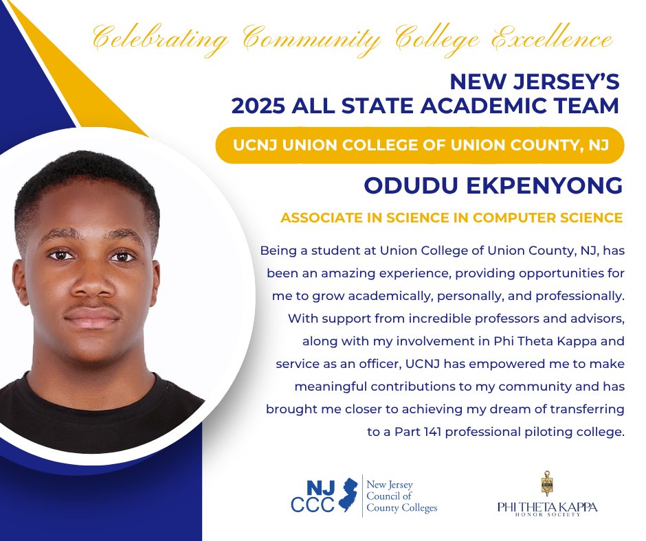 NJ's Community Colleges (@njcommcolleges) on Twitter photo Join us in celebrating Odudu Ekpenyong of <a href="/ucnj_owls/">UCNJ Union College of Union County, NJ</a> a proud member of the 2025 NJ All-State Academic Team!
Your leadership, service, and scholarship inspire us all.
#NJAllStateAcademicTeam #IamPTK @phithetakappa Join us in celebrating Odudu Ekpenyong of <a href="/ucnj_owls/">UCNJ Union College of Union County, NJ</a> a proud member of the 2025 NJ All-State Academic Team!
Your leadership, service, and scholarship inspire us all.
#NJAllStateAcademicTeam #IamPTK @phithetakappa