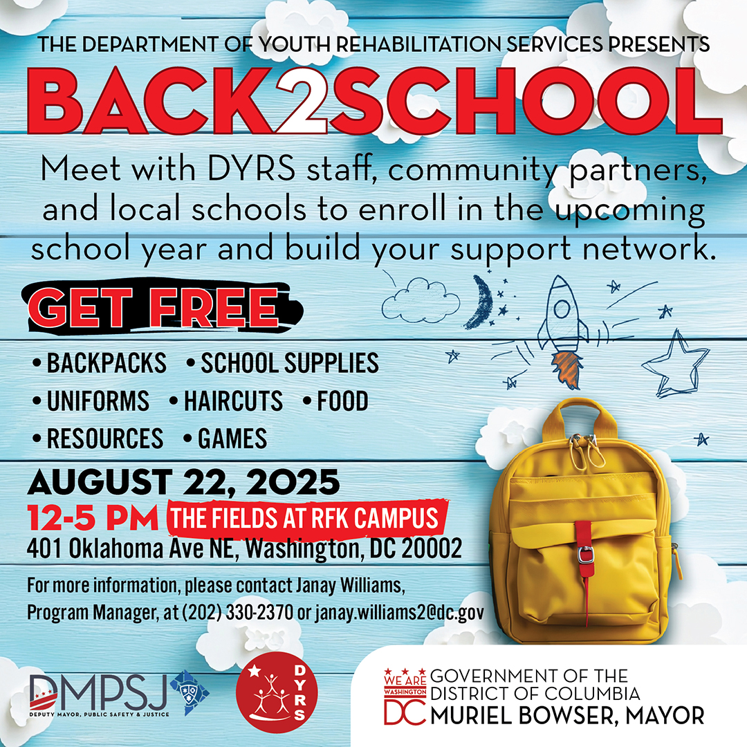 Let’s kick off the school year with fun, delicious food, and everything you need to start strong! 💪
📅 Friday, August 22
 🕛 12:00 PM – 5:00 PM
 📍 The Fields at RFK
📢 Spread the word and bring the whole family!
#DCYouth #BackToSchool #CommunityEvent #SchoolSupplies