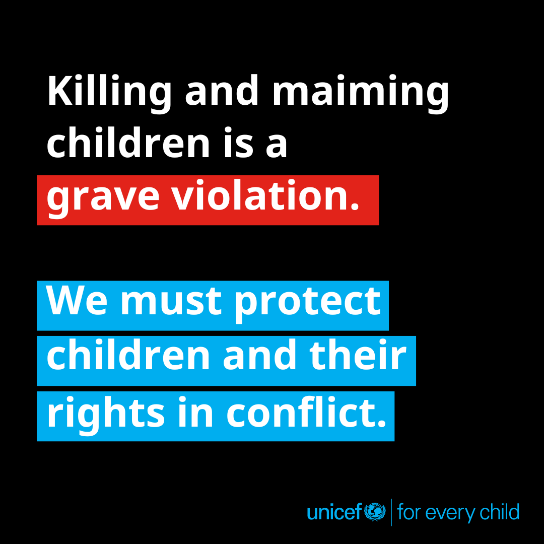 UNICEF's tweet photo. The alarming increase in the use of explosive weapons in populated areas is a leading cause of child casualties in conflicts around the world.

From advocating with those with power to take action, to providing life-saving supplies and services, UNICEF is committed to protecting children and their rights in conflict.

But we can't do it alone. Let’s #ProtectChildrenInConflict together.

Learn more: https://t.co/6FaylOzOdo