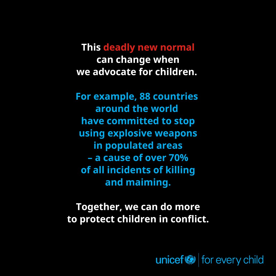 UNICEF's tweet photo. The alarming increase in the use of explosive weapons in populated areas is a leading cause of child casualties in conflicts around the world.

From advocating with those with power to take action, to providing life-saving supplies and services, UNICEF is committed to protecting children and their rights in conflict.

But we can't do it alone. Let’s #ProtectChildrenInConflict together.

Learn more: https://t.co/6FaylOzOdo