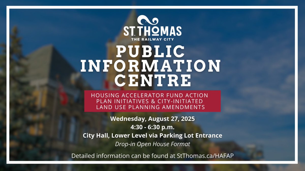 🏘 Have your say on St. Thomas housing &amp; planning!

📅 Aug 27 | 4:30–6:30 p.m.
📍 City Hall, Lower Level via Parking Lot Entrance

Learn &amp; share feedback on housing initiatives, zoning changes &amp; planning updates.

Details ➡️ stthomas.ca/hafap

#TheRailwayCity #StThomasON