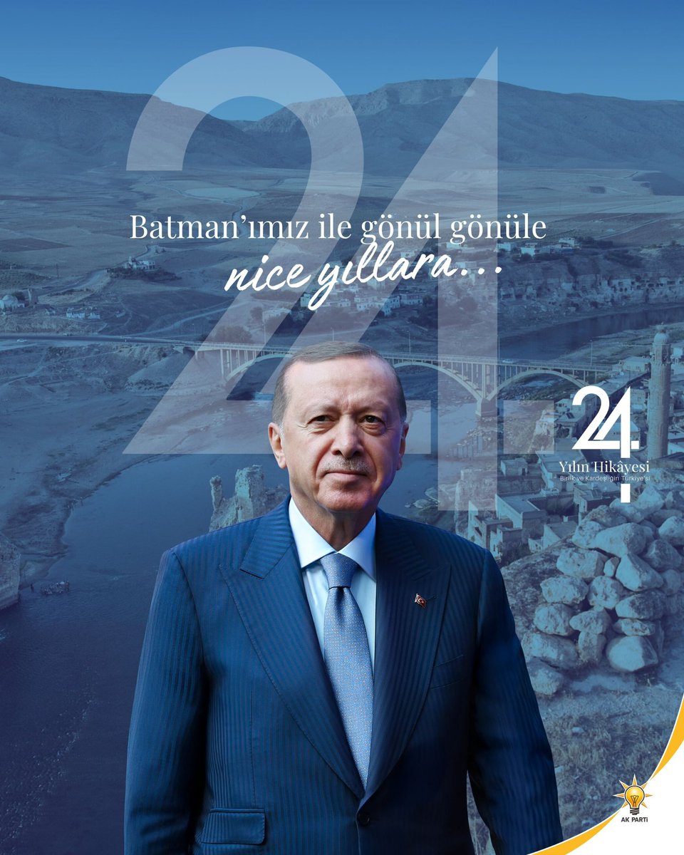 Umudun, geleceğin ve icraatın adı olan, kurulduğu günden bugüne eser ve hizmet siyasetini benimseyen AK Parti’mizin 24’üncü kuruluş yıl dönümünü kutluyor, 

Cumhurbaşkanımız, Genel Başkanımız Sn. <a href="/RTErdogan/">Recep Tayyip Erdoğan</a>’ın liderliği ve milletimizin teveccühü ile birlik ve beraberlik içinde