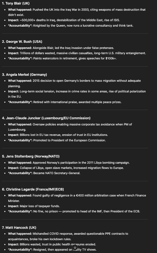 Politicians And Accountability = non-existent

My position: You cannot have a responsibility if you cannot be held accountable.

When was the last time you saw politicians, bureaucrats or others in public administration truly held accountable for their decisions and actions?
The