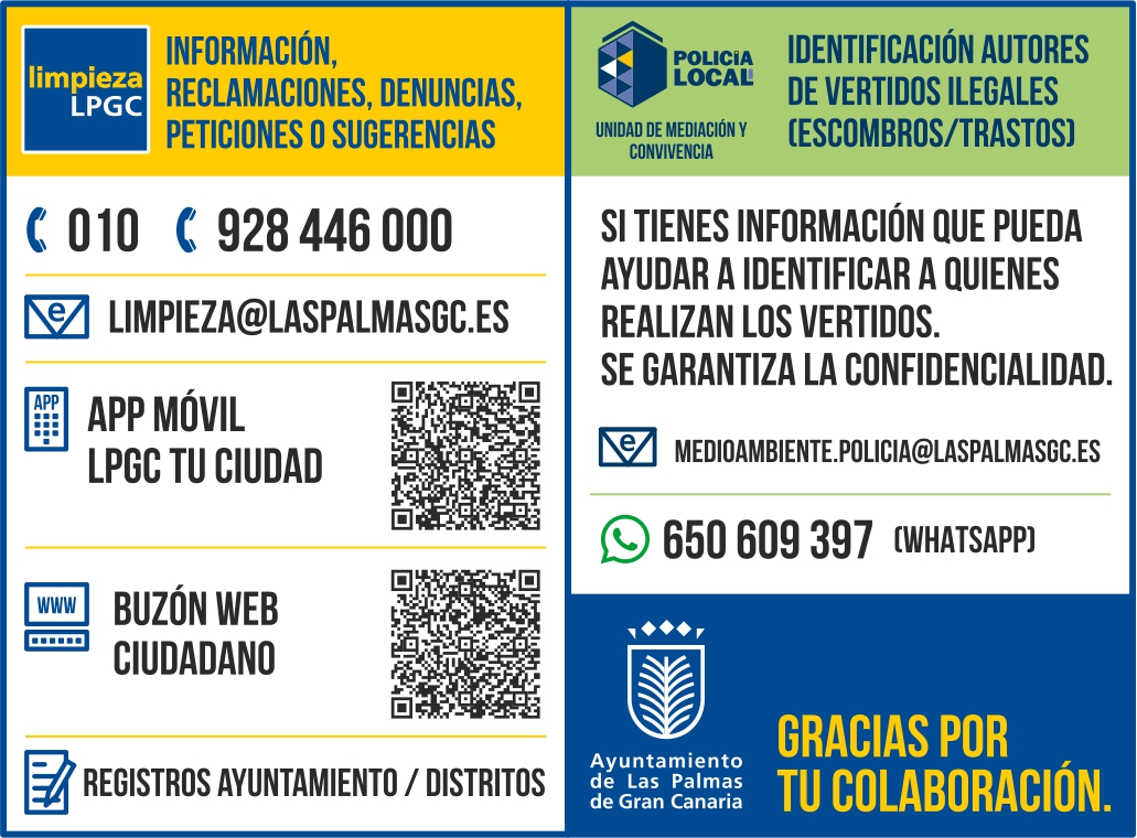 LimpiezaLPGC's tweet photo. Apunta✍️
✅ Avisos, peticiones, quejas, reclamaciones o denuncias:
📞 928 446 000
📧 limpieza@laspalmasgc.es
📲 App LPGC Tu Ciudad: https://t.co/0KWL2zOnz6
Vertidos ilegales 👇🏼
Grupo Ambiental @PoliciaLPA #UMEC
📧 medioambiente.policia@laspalmasgc.es
📲 650 609 397 (WhatsApp) https://t.co/Je989KIvJD