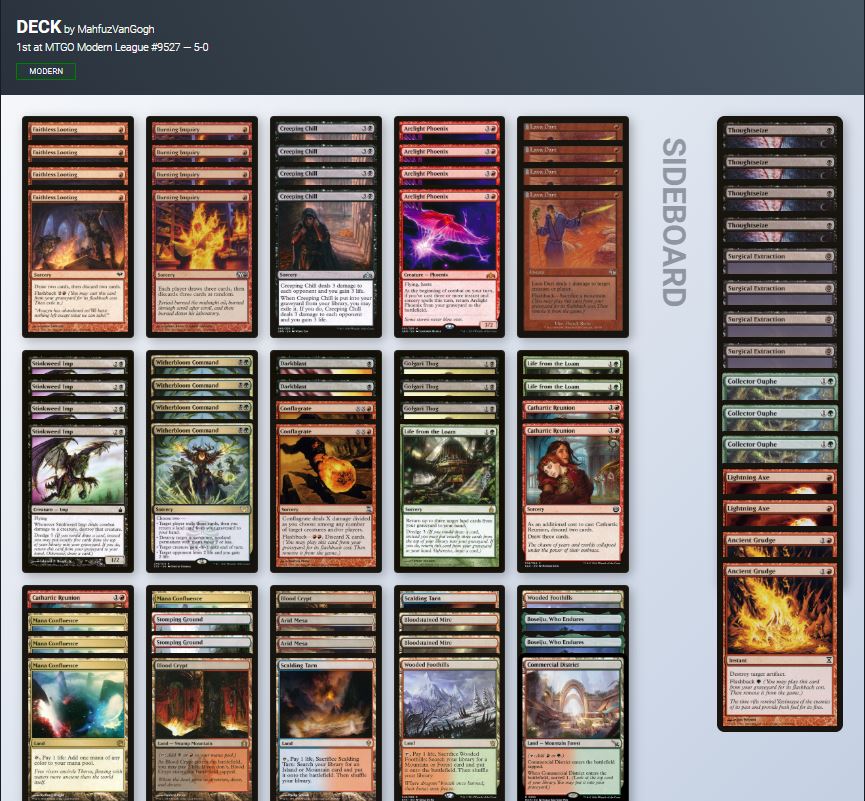 🚨Modern Decklist Alert 🚨
Arclight Dredge
Guess who's been at it again? <a href="/MahfuzVanGogh/">MahfuzVanGogh | Vicente</a>! Opting for a grindier game plan more akin to dredge decks of old, this variation focuses on using Witherbloom Command, Life From the Loam, Lava Dart and Conflagrate to control the board. The
