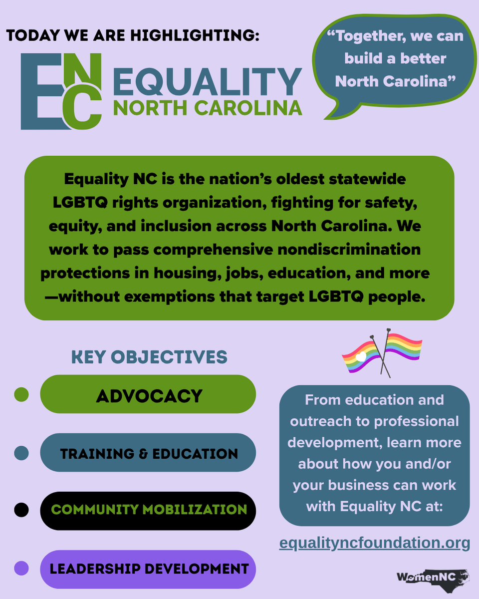 📣 Today we’re spotlighting Equality NC, the nation’s oldest statewide LGBTQ rights org, working year-round to make NC safer, more inclusive, and more equitable for all.
#EqualityNC #LGBTQRights  #equalitymatters
#equalityforall #ProtectTransKids #QueerInTheSouth #LGBTQNC