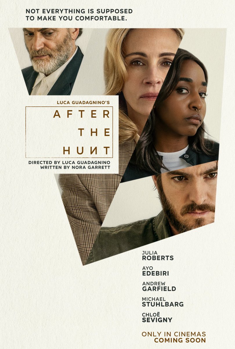 #AfterTheHuntMovie, directed by Luca Guadagnino and starring Julia Roberts, Ayo Edebiri, Andrew Garfield, and Michael Stuhlbarg, is only in cinemas October 22.