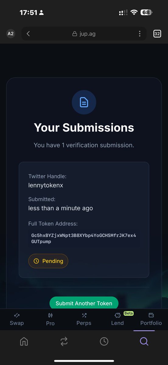 mrattitude6262's tweet photo. Jup verification and Lenny express is submitted. LFG https://t.co/CS00Z1HYjV