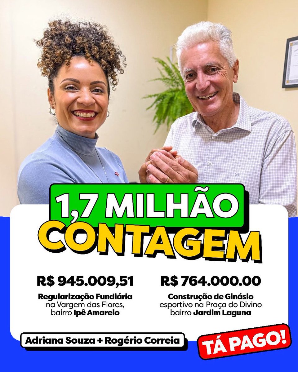 ALÔ, CONTAGEM! 
Tem notícia boa chegando: garantimos R$ 1,7 MILHÃO em recursos para dois projetos importantes.
🏡 Regularização fundiária na região da Vargem das Flores, no bairro Ipê Amarelo,
🤾 Construção de um ginásio esportivo na Praça do Divino, no bairro Jardim Laguna.