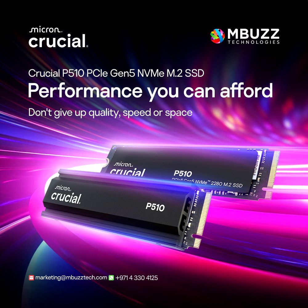 🚀 Crucial P510 – Gen5 Performance at a Smart Price

Blazing-fast NVMe storage for gaming, creative, and business systems:

Up to 11,000 MB/s Read | 9,500 MB/s Write
Capacities: 1TB | 2TB | 4TB
5-Year Warranty

Contact
💬 zurl.co/zHO9

#Crucial #MBUZZ #P510 #PCIeGen5
