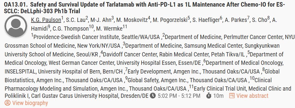 ☑️#WCLC25 #LCSM Oral🆙
🔥DeLLphi-303
🔥Safety and Survival Update of Tarlatamab with Anti-PD-L1 as 1L Maintenance After Chemo-IO for ES-SCLC: DeLLphi-303 Ph1b Trial
🎙️ Dr. Kelly Paulson
<a href="/OncoAlert/">OncoAlert</a> <a href="/Larvol/">LARVOL</a> <a href="/IASLC/">IASLC</a>
cattendee.abstractsonline.com/meeting/21151/…