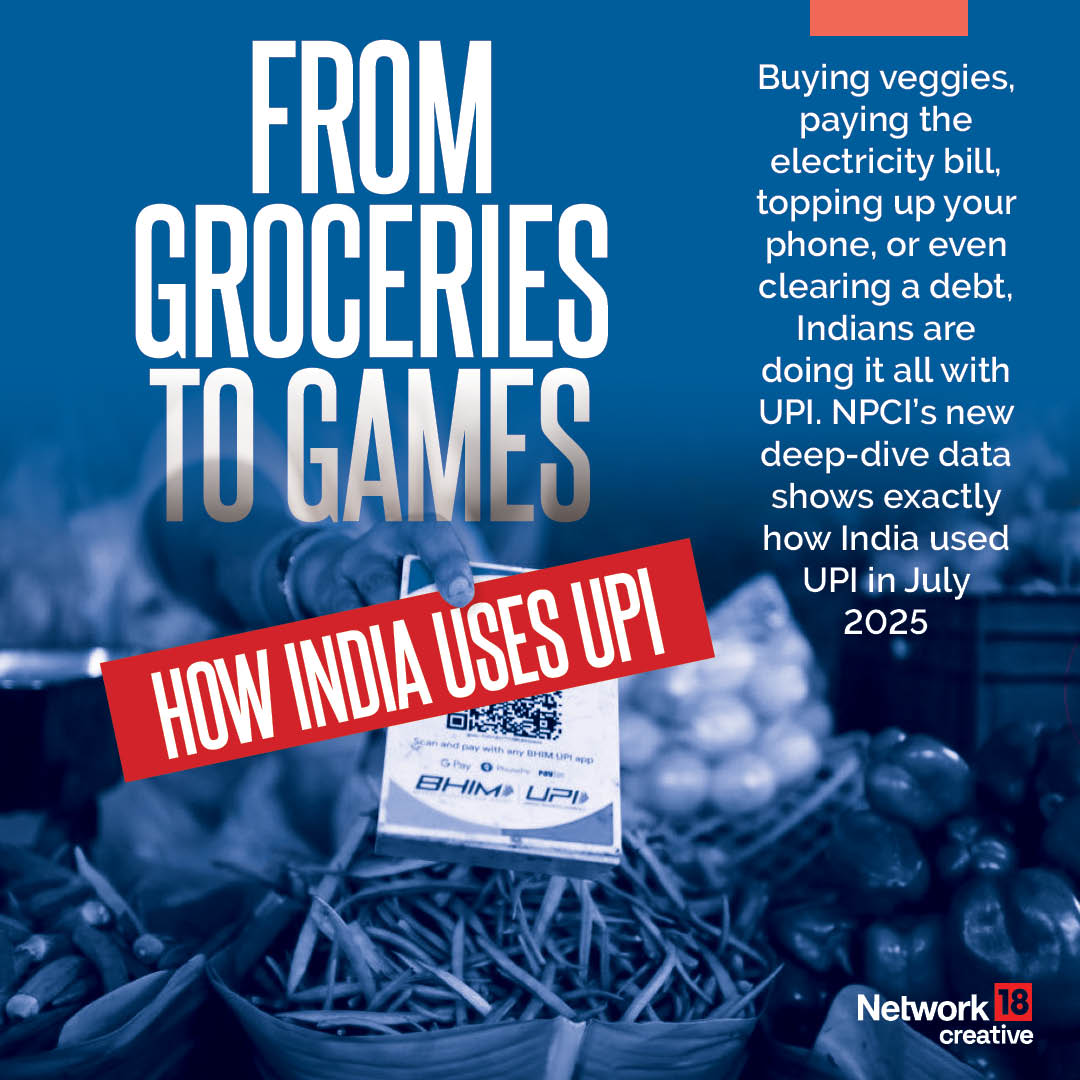 Nw18Graphics's tweet photo. The UPI Success Story | Buying veggies, paying the electricity bill, topping up your phone, or even clearing a debt, Indians are doing it all with UPI.
This deep-dive shows exactly how India used UPI in July 2025
#Network18Creatives #Network18Graphics https://t.co/cplgRWoE4u