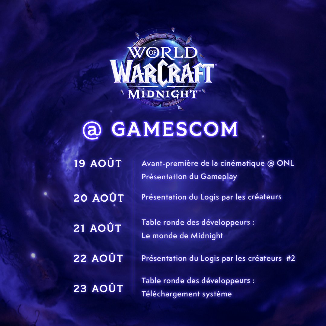 Rejoignez-nous le 19 août pour la présentation de Midnight !

🎥 Avant-première de la cinématique @ ONL
🌌 Présentation du Gameplay
⚔️ Creator Clash
... et bien plus encore !

Le programme : blizz.ly/3HmGe0v