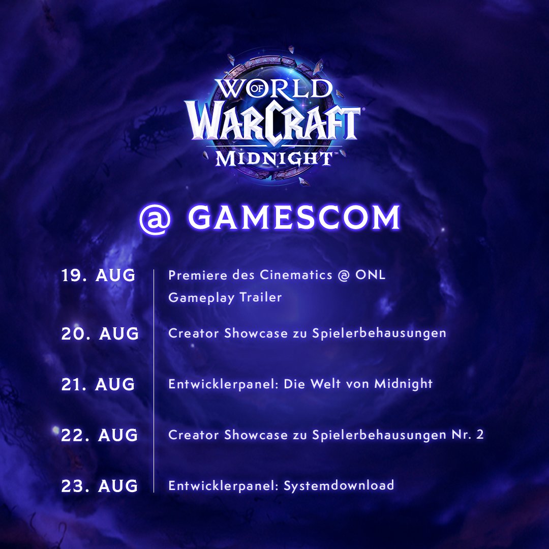 Seid am 19. August bei der Enthüllung von Midnight dabei! 

🎥 Cinematic-Premiere @ ONL
🌌 Enthüllung des Gameplays
🖥️ Entwicklerpanels
⚔️ Creator Clash 
... und mehr!

Alle Details zum Zeitplan: blizz.ly/3HmGe0v