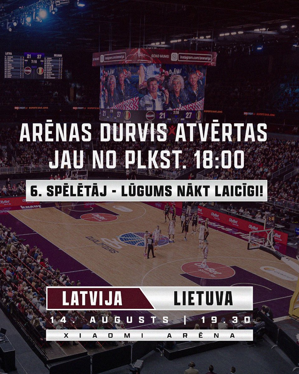 🙏 Lūgums ierasties laicīgi – lai <a href="/6speletajs/">6. spēlētājs</a> varenais kopkoris, dziedot 🇱🇻 Latvijas valsts himnu, sniegtu mūsu puišiem nepieciešamo enerģijas lādiņu pirms spēles ar Lietuvu! 🇱🇹
 
Mūsu zeme – Latvija! 🇱🇻
#TrīsZvaigznes