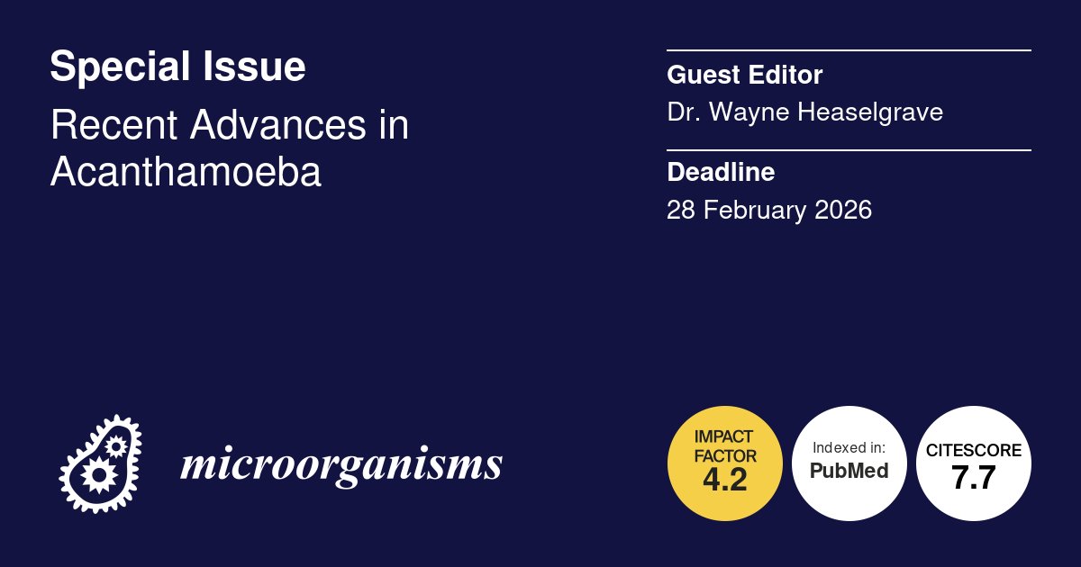Micro_MDPI's tweet image. 🦠New Special Issue: Recent Advances in Acanthamoeba

👔Guest Editor: Dr. Wayne Heaselgrave

🗓️Submission Deadline: 28 February 2026

🔎Read more: mdpi.com/journal/microo…

#amoebae #disinfection #keratitis #antimicrobial