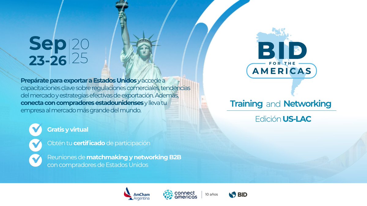 🌎🛫 ¿Tu compañía está lista para exportar a EE.UU.?

Del 23 al 26 de septiembre, llega el #BIDfortheAmericas, un evento gratuito y virtual para que pymes de la región accedan a capacitaciones y reuniones B2B con compradores reales.

🔗Regístrate: connectamericas.com/bfta-lac