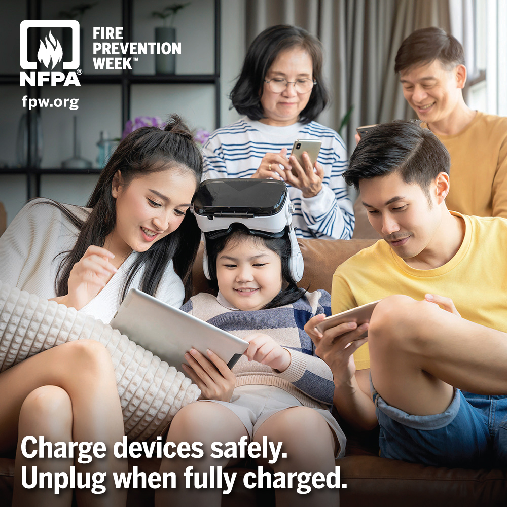 farmingtonmn's tweet photo. Fire Prevention Week
Charge into Fire Safety - Lithium-Ion Batteries
CHARGE devices safely.
Charge your device on a hard surface. Don’t overcharge your device. Unplug it or remove the battery when it’s fully charged. https://t.co/ALmOHvXoAv