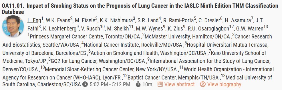 ☑️#WCLC25 #LCSM Oral🆙
🔥TNM 9th
🔥Impact of Smoking Status on the Prognosis of Lung Cancer in the IASLC Ninth Edition TNM Classification Database
🎙️ Dr. Lawson Eng
<a href="/OncoAlert/">OncoAlert</a> <a href="/Larvol/">LARVOL</a> <a href="/IASLC/">IASLC</a>
cattendee.abstractsonline.com/meeting/21151/…