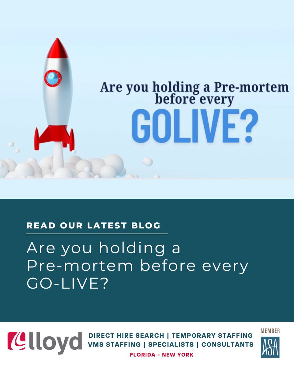 Most teams do a post-mortem after a project fails. But the real game-changer? A pre-mortem—spot risks before Go-Live and prevent costly mistakes. 🚀

Read more: lloydstaffing.com/pre-mortem/

#ProjectManagement #GoLive #Leadership #RiskManagement