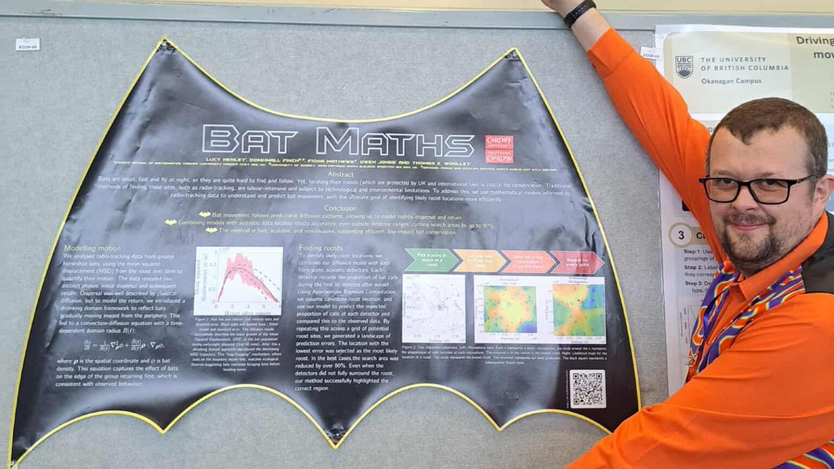 Cardiff Uni Maths (@mathscu) on Twitter photo Awardwyd gwobr posteri i Dr <a href="/ThomasEWoolley/">Thomas Woolley</a> am ei ymchwil fathemategol ar olrhain symudiadau pylau i nodi eu lleoliadau nythu. Darllenwch y stori gyfan 👉 bit.ly/4mcGnCP Awardwyd gwobr posteri i Dr <a href="/ThomasEWoolley/">Thomas Woolley</a> am ei ymchwil fathemategol ar olrhain symudiadau pylau i nodi eu lleoliadau nythu. Darllenwch y stori gyfan 👉 bit.ly/4mcGnCP