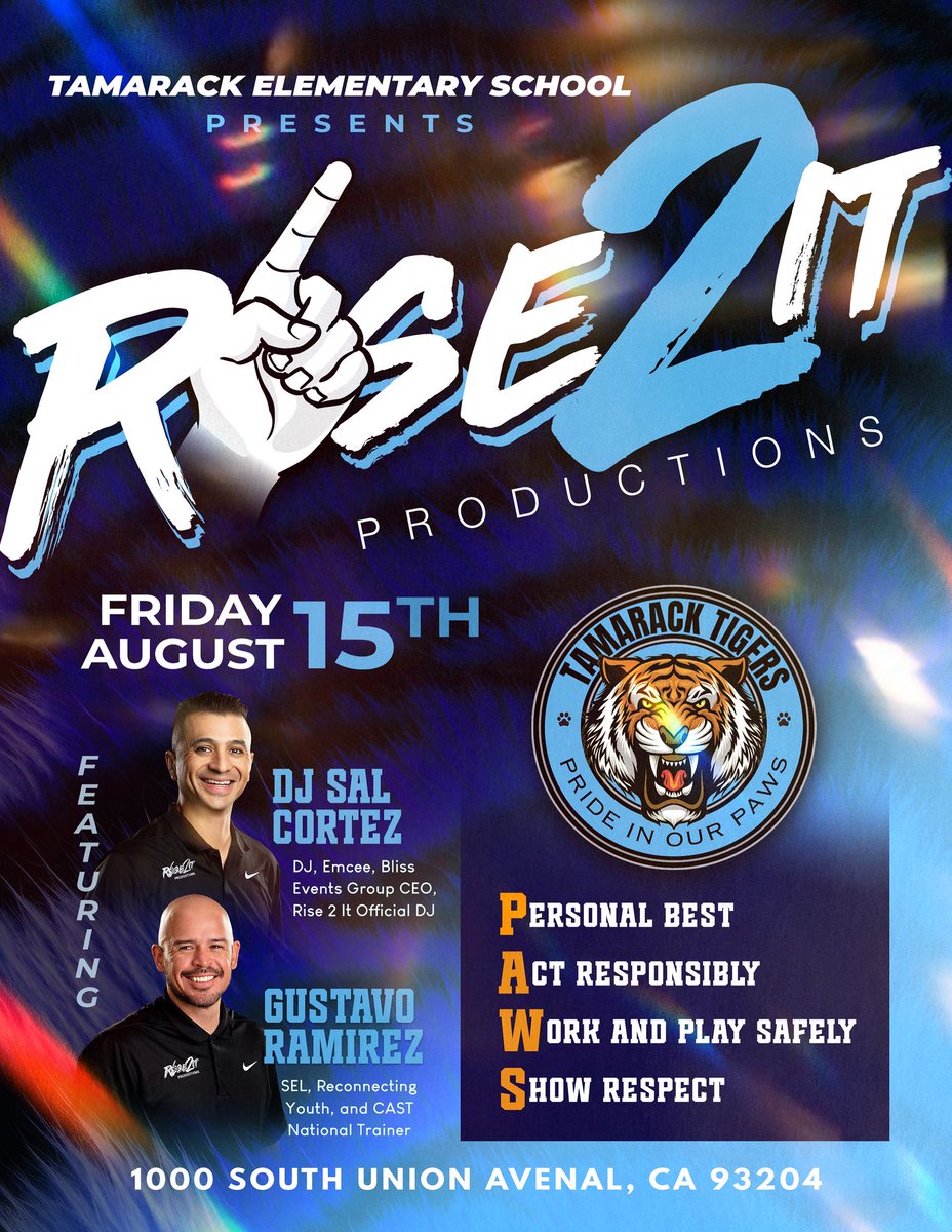 Avenal, CA! We are thrilled to announce that our very own Mr. R and DJ Sal Cortez will be at Tamarack Elementary School tomorrow morning!

RISE 2 IT PRODUCTIONS: “IF YOU CAN RISE 2 IT, YOU CAN RISE THROUGH IT!”☝️

#rise2it