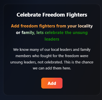 మన లొకాలిటీ లో లేదా మన ఫామిలీ లో స్వాతంత్య్రం కోసం పోరాడిన వారు గురించి లోకానికి తెలియచేయండి.

Friends ki share cheyandi, please support

cutout.in/independence-d…