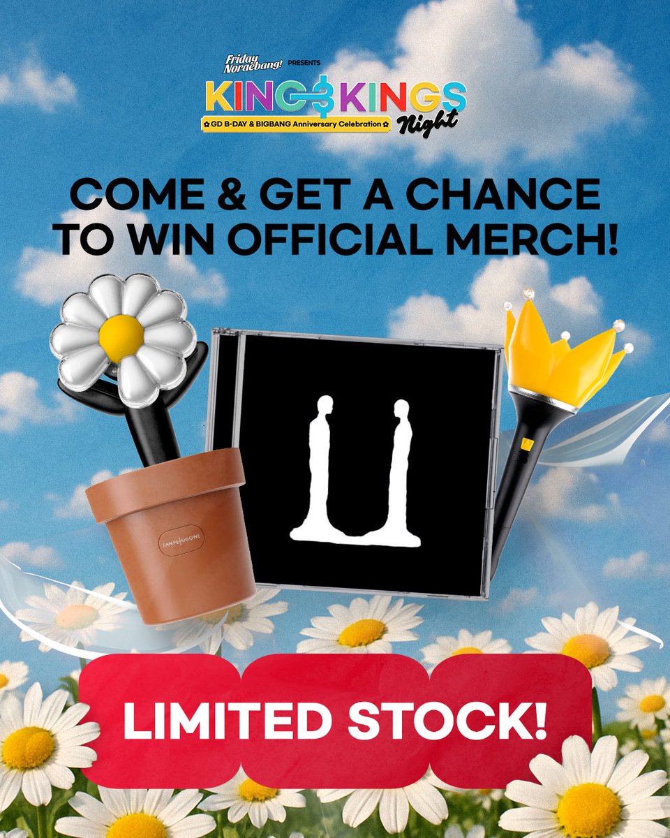 G-DRAGON B-DAY &amp; BIGBANG ANNIVERSARY CELEBRATION 👑

PROUDLY PRESENT:
KING &amp; KINGS NIGHT 

CALLING ALL V.I.P! Waktunya buat ngerayain ultah G-Dragon dan anniversary BIGBANG bareng-bareng! 💥❤️‍🩹

Catat tanggalnya ya:
🗓️ Jumat, 22 Agustus 2025
📍 Lotte Alley, Lotte Shopping Avenue