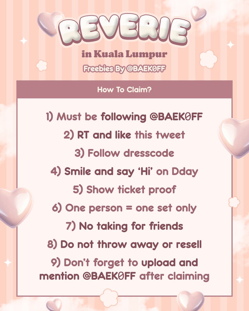 🍓ྀི #REVERIEinKL FREEBIES by <a href="/BAEK0FF/">♡ 'ㅅ' ♡</a>🍓ྀི

🎀ྀིྀིPlease read on how to claim the whole set
🎀ྀིྀིTime &amp; exact location to be announced later on dday
🎀ྀིྀིCheck out the replies under this thread to see the real view of the freebies~

#BAEKHYUNinKL #BAEKHYUNinMY #REVERIEinMY