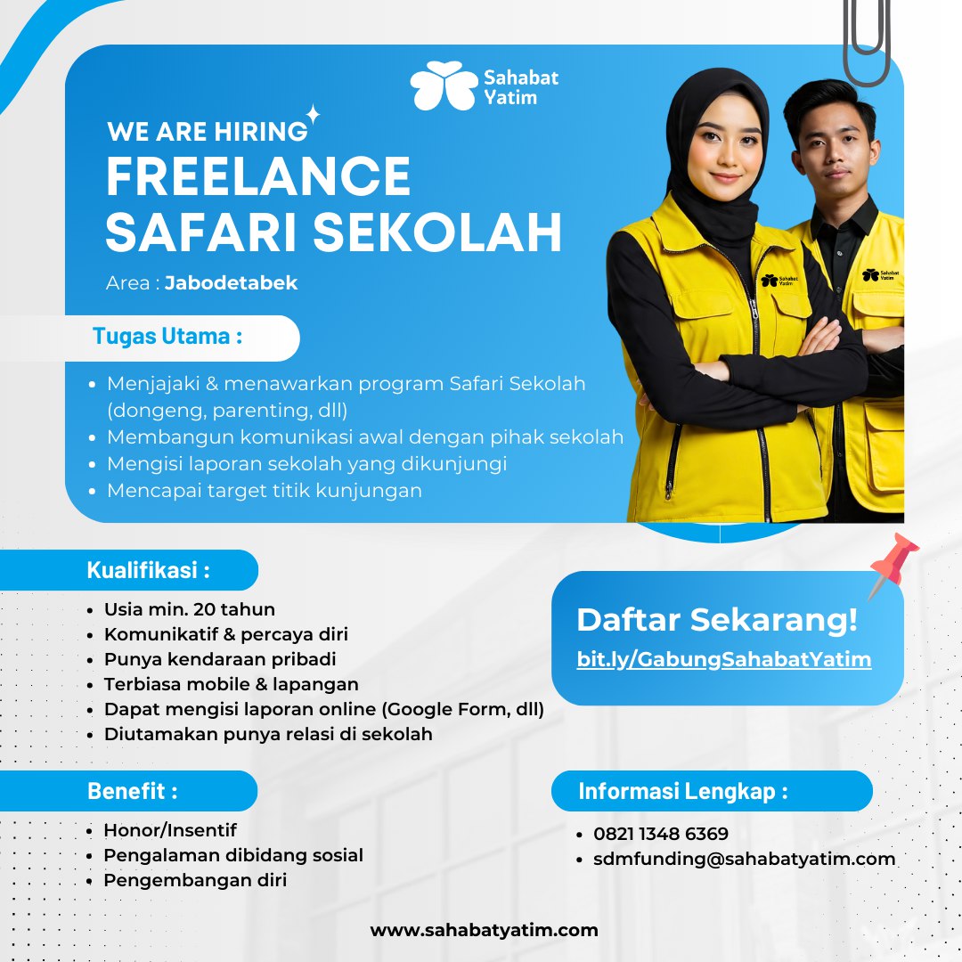 aggil_segara's tweet photo. ✨WE ARE HIRING ✨

Halo teman² 👋🏻 Aku tahu banyak yg lagi berjuang cari kerja. Semoga kalian segera nemu jalan &amp; tempat terbaiknya 🙏✨
Izin share peluang freelance (full-time/part-time) di kantorku:
Lembaga Amil Zakat Nasional SAHABAT YATIM INDONESIA https://t.co/F7tpgZwhiB