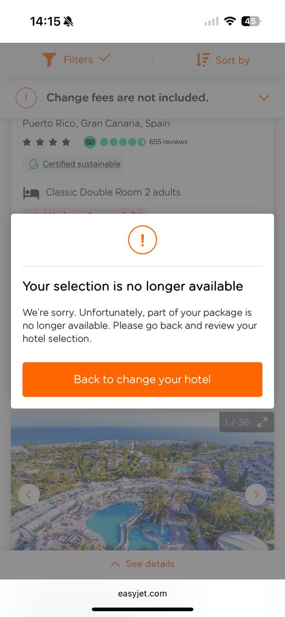abb_marie92's tweet photo. @easyJetholidays I’m trying to change a hotel on a package holiday booking. Every time I search new hotels I’m offered the hotel I want but when I go to change it I get this error message, any advice? https://t.co/RyEkyOvL84