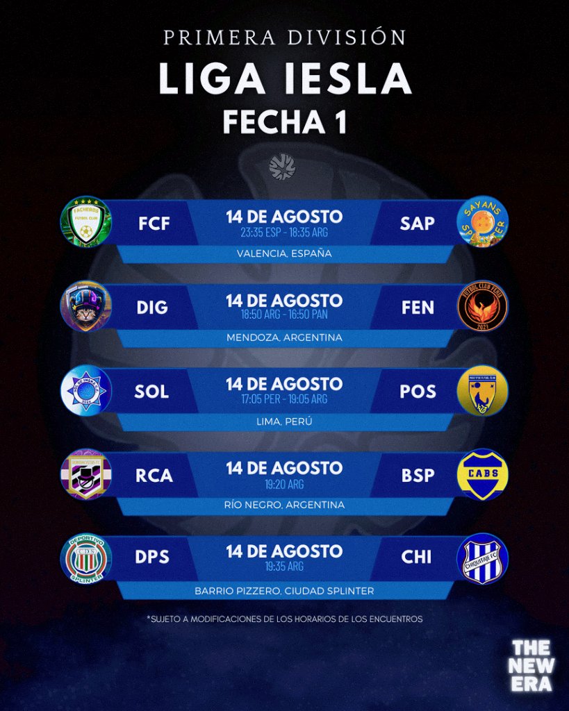 ⚫️|HOY HAY LIGA

🏆Liga IESLA Jornada 1

⏰️18:30 🇦🇷🇺🇾/23:30 🇪🇸

🟣Twitch: jorgetroll99_

🌟ME: Deportivo Splinter - Chiquitaje FC

❗️NO TE PIERDAS el inicio de la liga