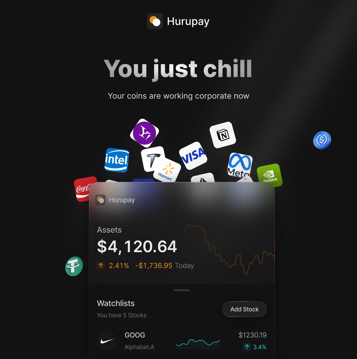 HurupayApp's tweet image. Hey there, your coins ‘bout to get a corporate upgrade. 📊
Soon, you’ll turn USDC &amp;amp; USDT into shares in the big leagues 🏢
Stay locked… launch is near 👀
#Hurupay #Crypto2Stocks #NextLevel