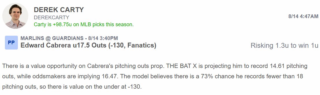 ScoresAndOdds (@scoresodds) on Twitter photo Thursday’s MLB Free Bet of the Day via <a href="/DerekCarty/">Derek Carty</a>:
⚾️ Edward Cabrera u17.5 Outs (-130, Fanatics)
🔗 Tail Bet: bit.ly/SAO081425
Get instant notification on all our expert picks w/ SAO Premium: scoresandodds.com/premium Thursday’s MLB Free Bet of the Day via <a href="/DerekCarty/">Derek Carty</a>:
⚾️ Edward Cabrera u17.5 Outs (-130, Fanatics)
🔗 Tail Bet: bit.ly/SAO081425
Get instant notification on all our expert picks w/ SAO Premium: scoresandodds.com/premium