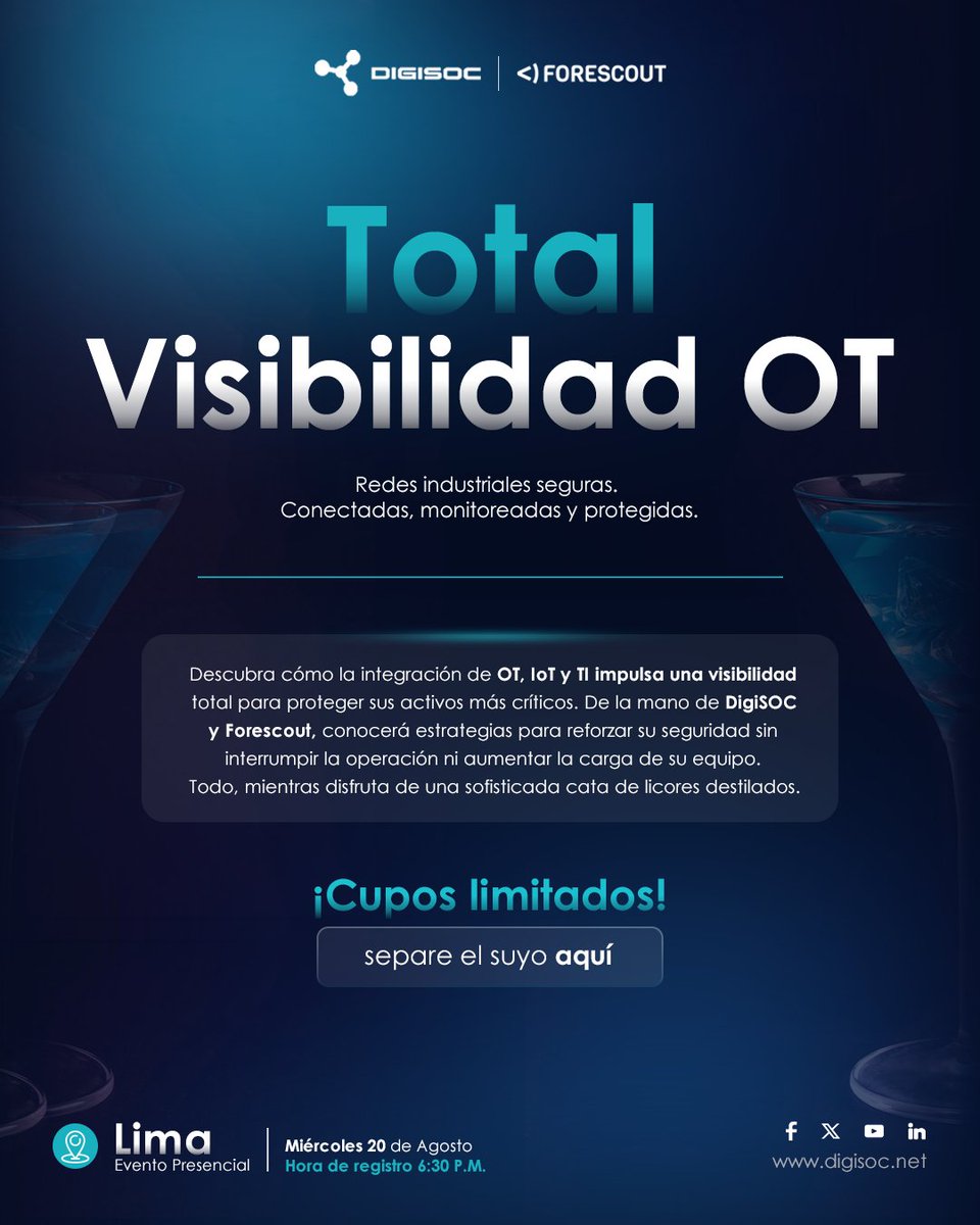 digisoc_mdr's tweet image. #Evento | Visibilidad Total OT
Acompáñenos junto a @Forescout y descubra como proteger sus activos críticos sin interrumpir la operación.
🗓️20-08-25
⏰6:30 P.M.
🗺️Lima - Perú
Link de registro 👉 digisoc.net/inscritos-afte…