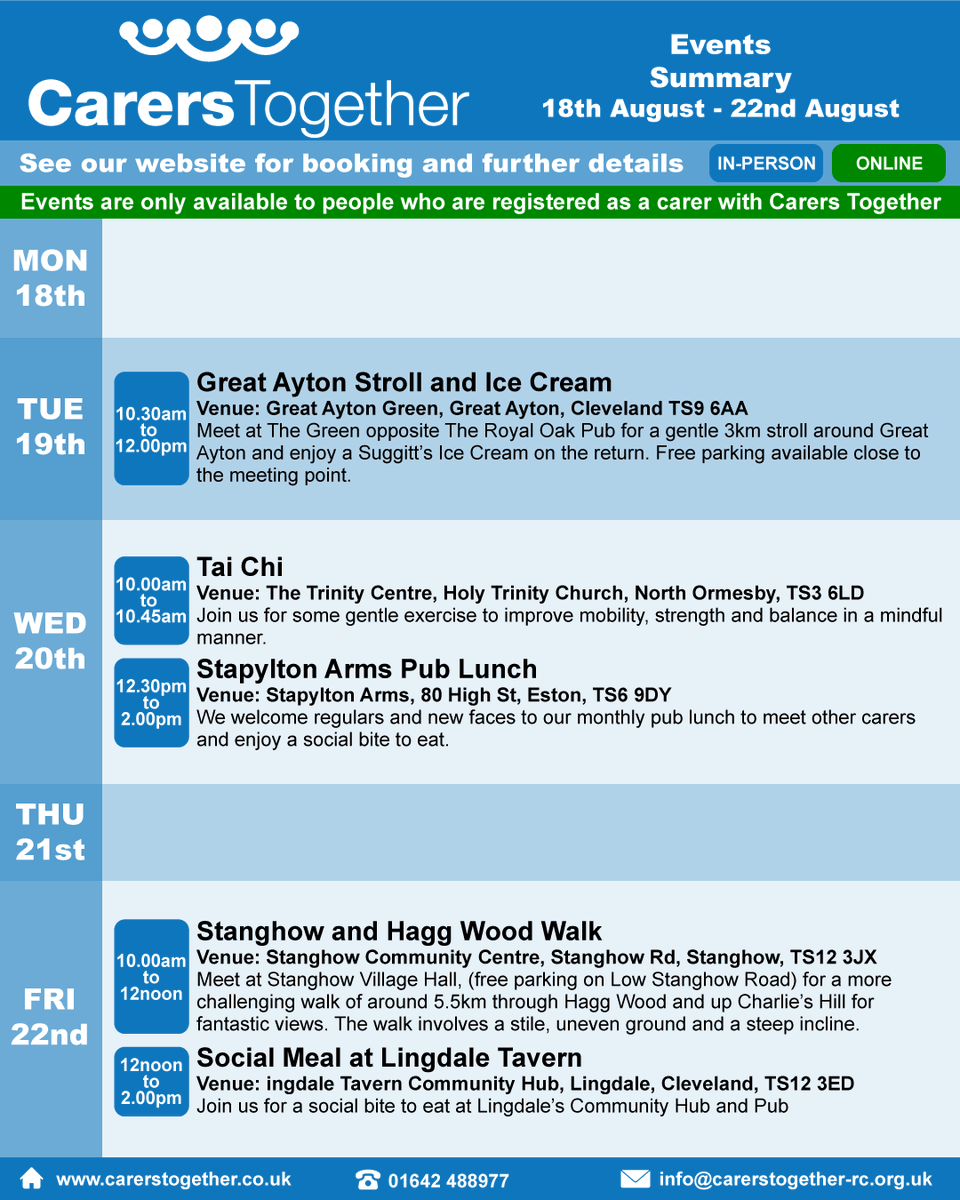 A summary of the events and groups on at Carers Together next week
- beginning 18th August.

For further information and to book onto an event visit our website at carerstogether.co.uk/events/