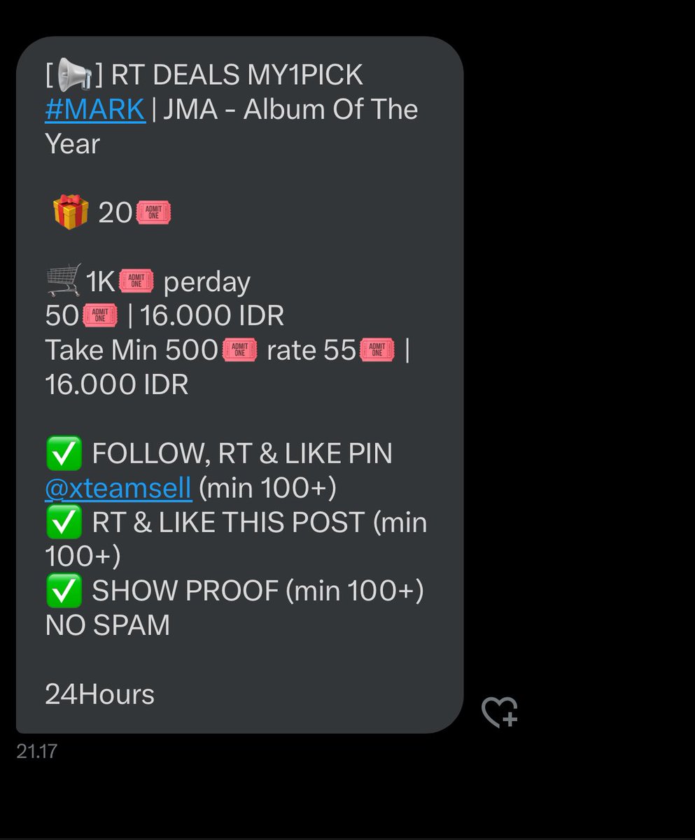rosestyj's tweet image. [📢] RT DEALS MY1PICK 
#MARK | JMA - Album Of The Year

 🎁 20🎟️

🛒1K🎟️ perday
50🎟️ | 16.000 IDR
Take Min 500🎟️ rate 55🎟️ | 16.000 IDR

✅ FOLLOW, RT &amp;amp; LIKE PIN @xteamsell (min 100+)
✅ RT &amp;amp; LIKE THIS POST (min 100+)
✅ SHOW PROOF (min 100+) NO SPAM

24Hours