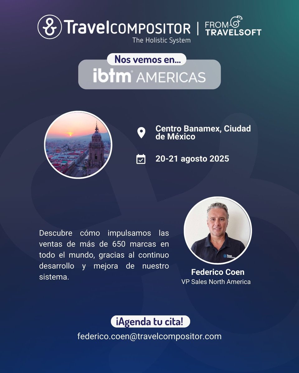 ¿Nos vemos en México? 🇲🇽
Estaremos en IBTM Americas, uno de los eventos clave del sector MICE en América.
Nuestro compañero Federico Coen te mostrará cómo nuestras soluciones tecnológicas pueden ayudarte a impulsar tu negocio. Agenda tu cita!
📅 20-21 de agosto
📍 Centro Banamex