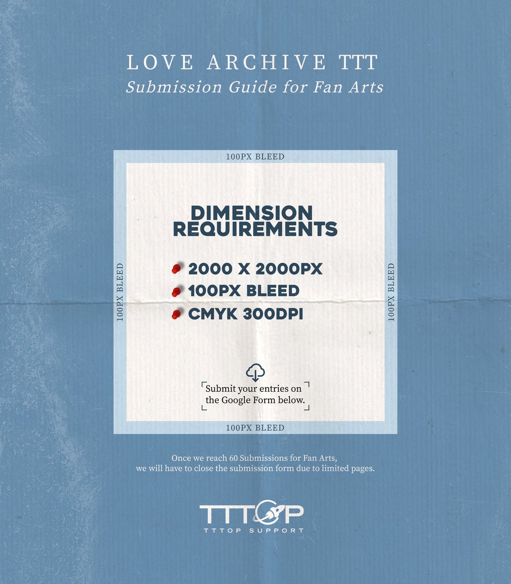 LOVE ARCHIVE TTT – Fan Arts for T.O.P🤍 

Submission Guide for Fan Arts 

Share your creativity and love for T.O.P through your original artworks.
📏 Submission Requirements:
▪ 2000 x 2000px
▪ 100px bleed
▪ CMYK, 300dpi

📝 Submission froms will open on September 1, 2025 

#탑