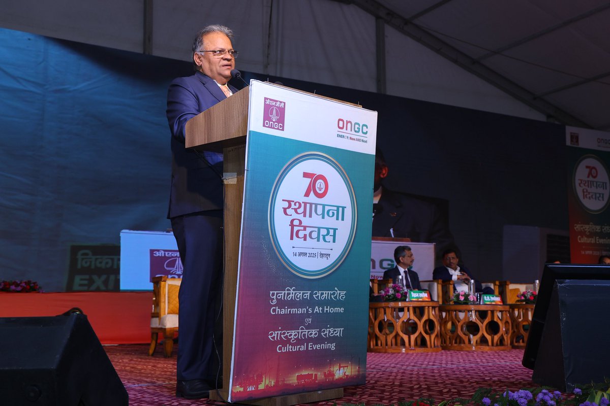 ONGC_'s tweet photo. “What we do today will decide our tomorrow, and what we did yesterday is shaping our present.”

On #ONGC’s 70th Foundation Day ‘At Home’ celebrations, @ChairmanONGC @singharunongc stood before a hall filled with the heartbeat of ONGC, the #ForeverONGCians. With gratitude in his voice, he honoured those who built the foundation of our energy journey and continue to inspire the generations that follow.

He reflected on Mumbai High, our steadfast breadwinner, and the need to seek “something big” in an era where deep-water exploration is costly and challenges are steeper. Yet, his message was clear: with resilience, innovation, and unity, ONGC will continue to power India’s energy security.

From forging global collaborations like with bp for Mumbai High, to launching the Urja Utkarsh Kaksh Digital War Room with real-time asset monitoring, to scaling renewables to 2.5 GW in a single year on the path to 10 GW by 2030, ONGC is writing a bold new chapter.

Through Unnati Shikhar, we are preparing tomorrow’s leaders; through innovation in LNG, shipping, and trading, we’re shaping a future of #EnergyNowAndNext.

To our past, present, and future ONGCians: you are the energy that fuels our journey.

#ONGC70 #YouAreEnergy #EnergyNowAndNext