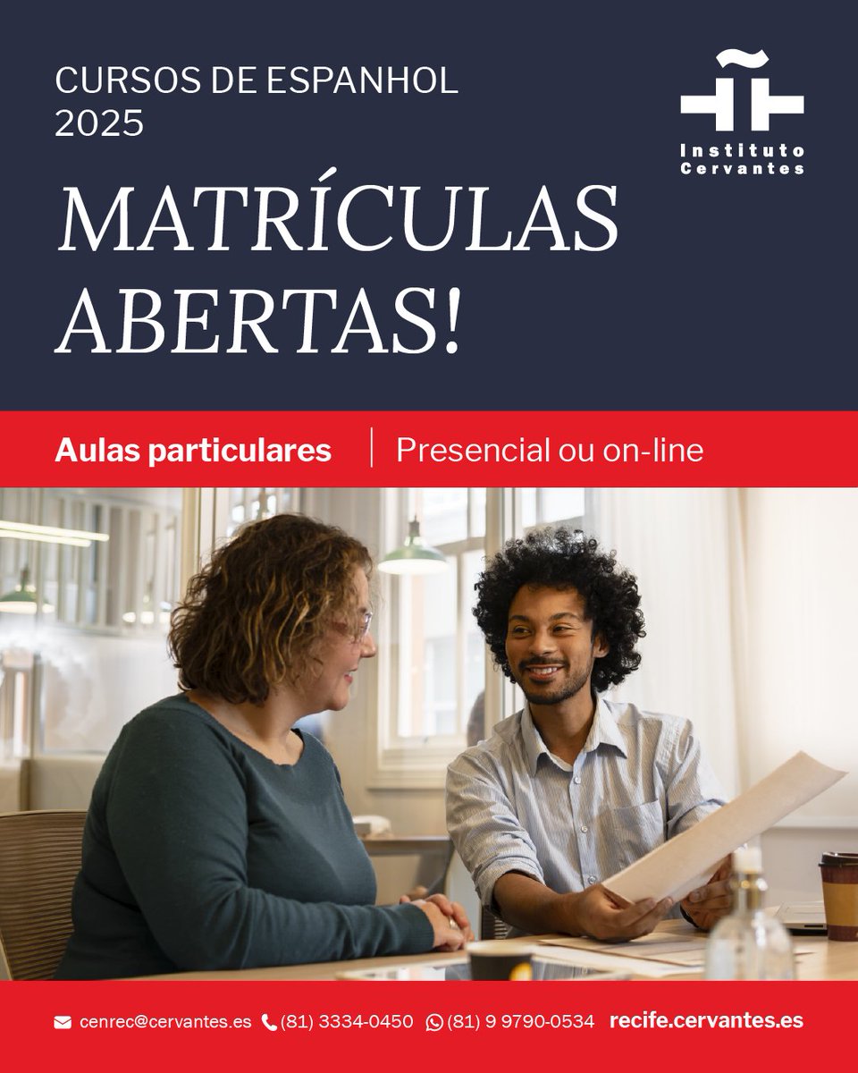 👩‍💻👨‍🏫Você quer ter #AulasParticulares⁉️ Aulas personalizadas⁉️ Presencial ou #online?! #cursosdeespanhol2025✅Matrículas abertas!

ℹ Info: 
cenrec@cervantes.es
(81) 9 9790-0534 

#InstitutoCervantesRecife
👉R. de São Jorge, 240
Edf. Moinho - Bairro do Recife
#estudarespanhol