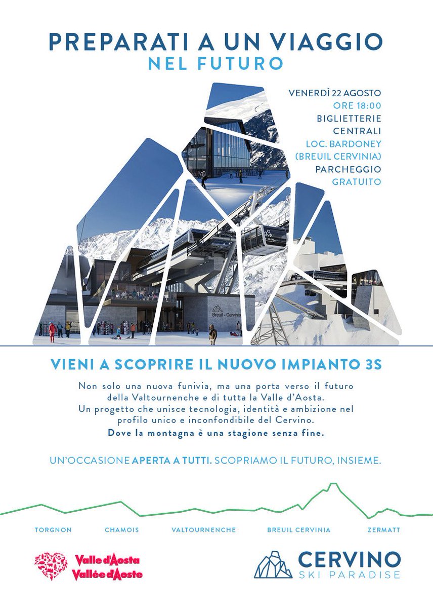 Non è solo una funivia: è la porta verso il futuro della Valtournenche e della <a href="/VDAmonamour/">VDA mon amour</a> 🏔
Vieni a scoprire il nuovo impianto 3S!
📅 22 agosto – 🕕 18:00
📍 Biglietterie centrali, Breuil-Cervinia
🅿️ Parcheggio gratuito

#Cervinoskioaradise #ValleDAosta