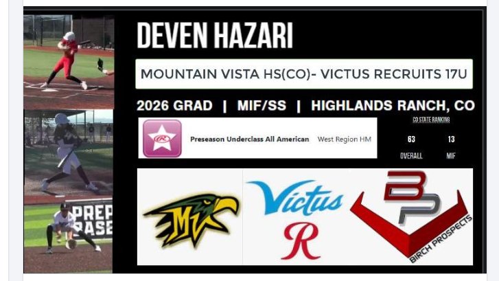 Birch Prospects Announces 2026 Athlete Deven Hazari - Mountain Vist HS(CO)- MMW Victus 17U Club.
Welcome to the Team Deven!
<a href="/DevenHazari21/">Deven Hazari</a> 
youtu.be/sM6MFXLKQRE?si…