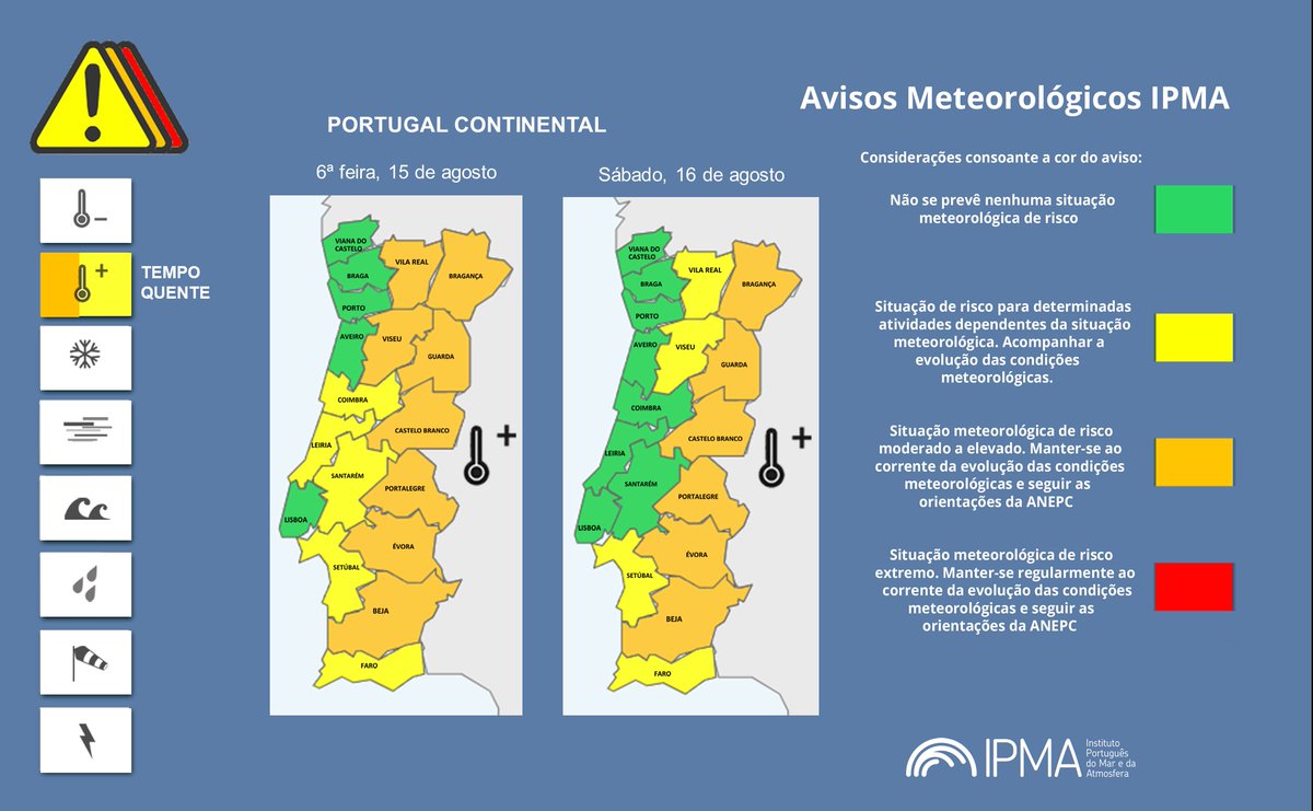 #AvisosMeteorológicos
❗️ Atenção aos Avisos de Tempo Quente para Portugal Continental, na 6ª feira e sábado, 15 e 16 de agosto de 2025👉tinyurl.com/mpw286fm

#InfoIPMA #tempo